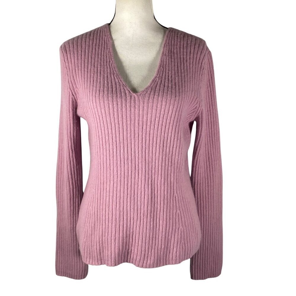 Ann Taylor Womens Ribbed V-Neck Sweater M Angora Wool Blend Pink soft lux
